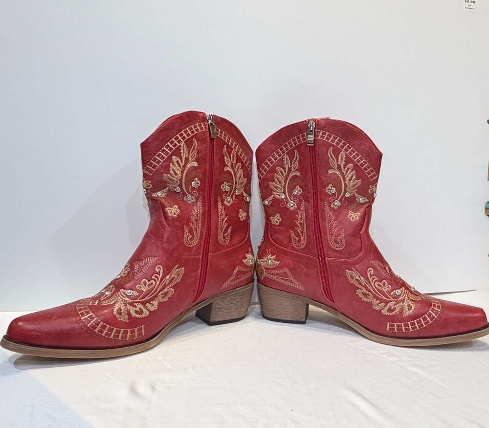Woman red ankle boots Cusolemore Red Embroidered Rhinestone.